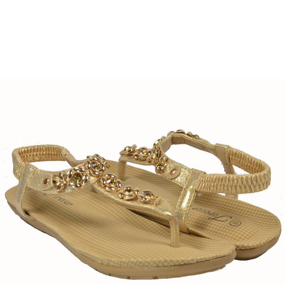 Women Glitter T-strap Sandals Golden Rose Decor Shiny Stylish Shoes Gold